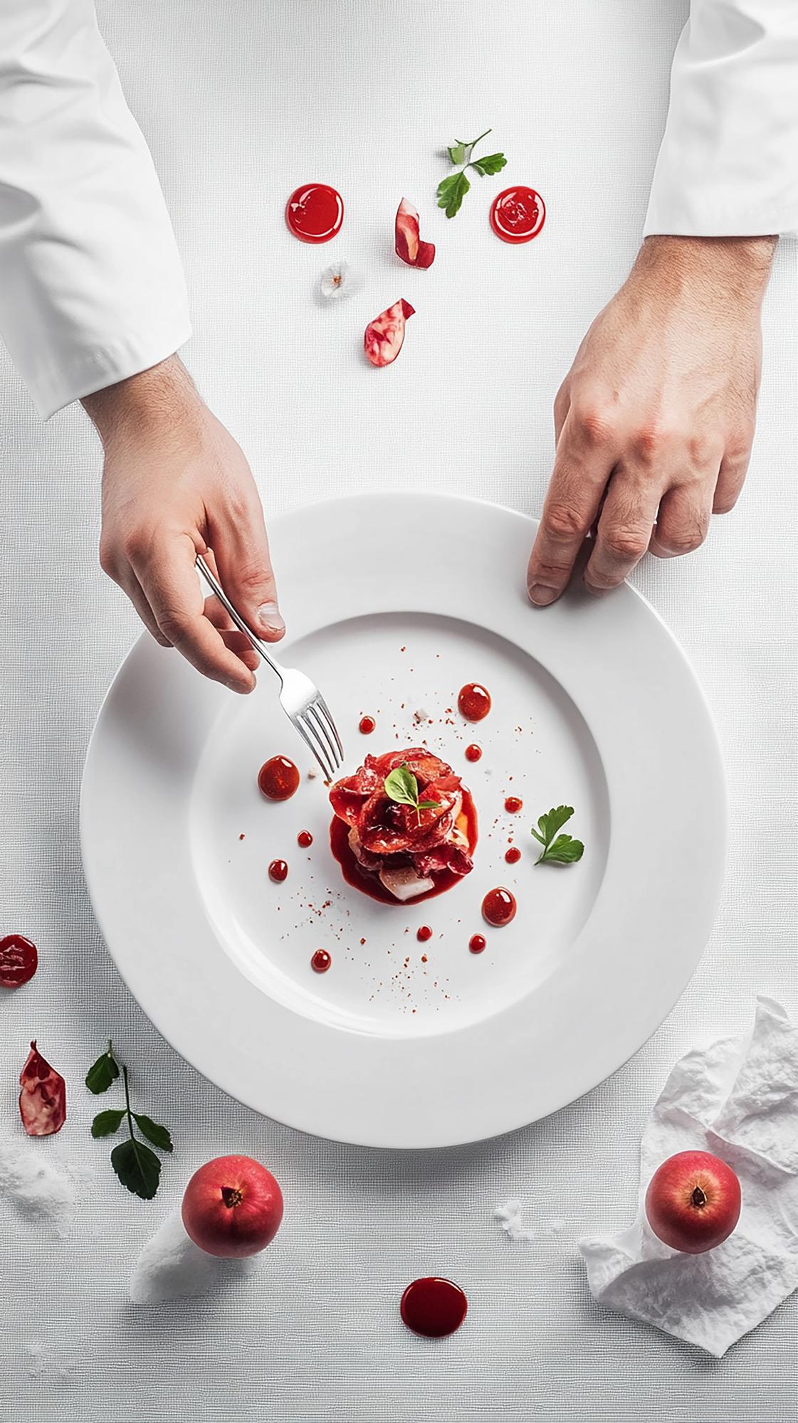 Close-up of hands plating gourmet food in a warm studio